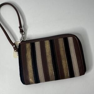 Fossil Vintage Striped Leather Zip Around Wallet Clutch Wristlet Strap Boho NEW